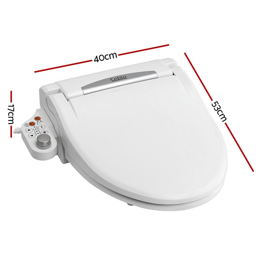 Hlpmedical Cefito electric bidet toilet seat cover with LED night light, heated seat, and remote control in a bathroom setting.