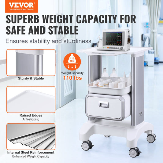 White 2-tier Hlpmedical mobile lab cart with drawer and top tray, ideal for medical or laboratory storage and transport.