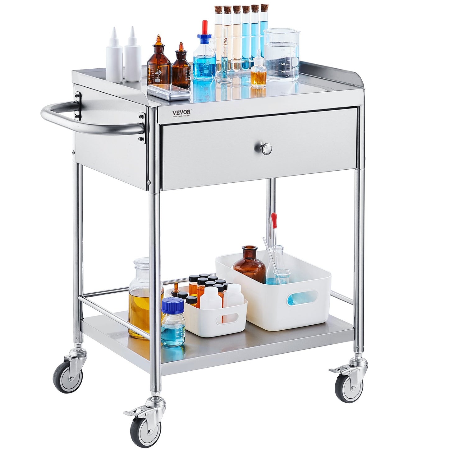 Hlpmedical 2-layer stainless steel medical cart with 100kg capacity, silent wheels, and drawer for lab, clinic, kitchen, or salon use.
