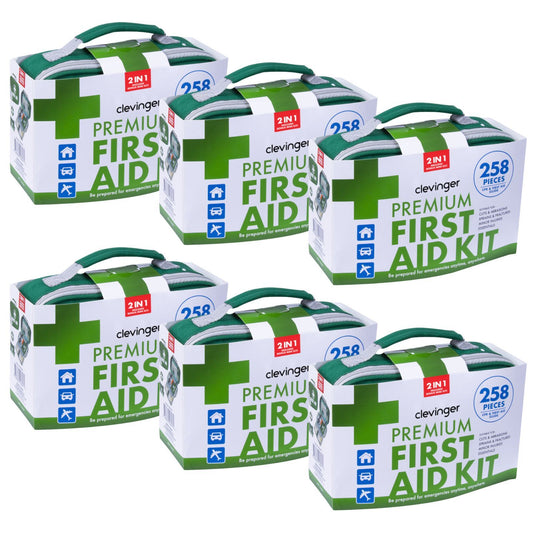 Hlpmedical 6-pack of 258-piece premium first aid kits with medical supplies for travel, family safety, and emergency health needs.