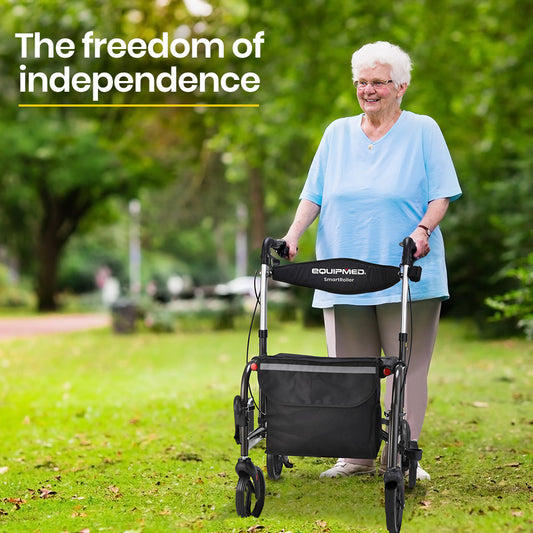 Hlpmedical EQUIPMED 2-in-1 foldable aluminium walking frame and transit wheelchair in titanium color with a storage bag.