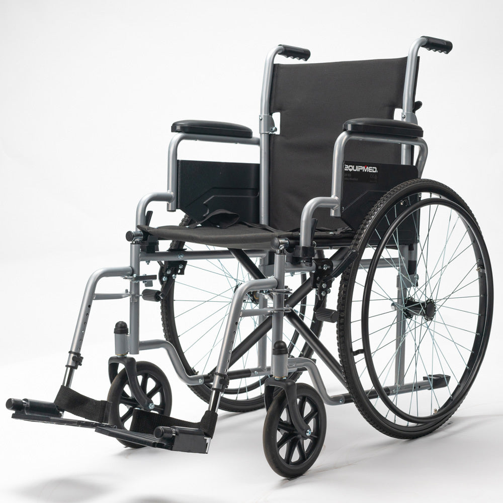 Grey EQUIPMED 24-inch lightweight folding wheelchair by Hlpmedical, designed for elderly and disabled, portable and easy to transport.