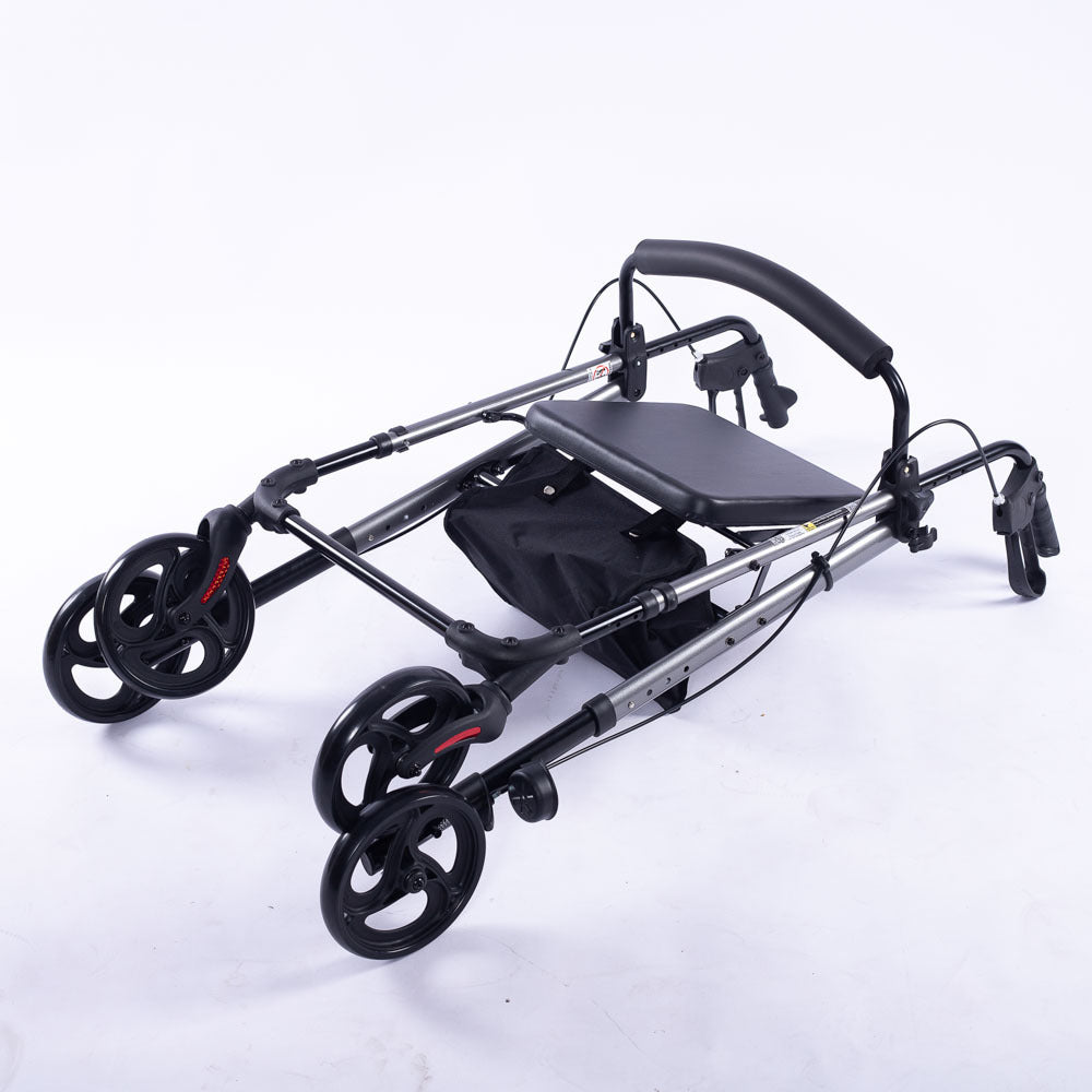 Hlpmedical EQUIPMED 4-wheel lightweight rollator walker with aluminium frame, seat, carry bag, designed for seniors in titanium style