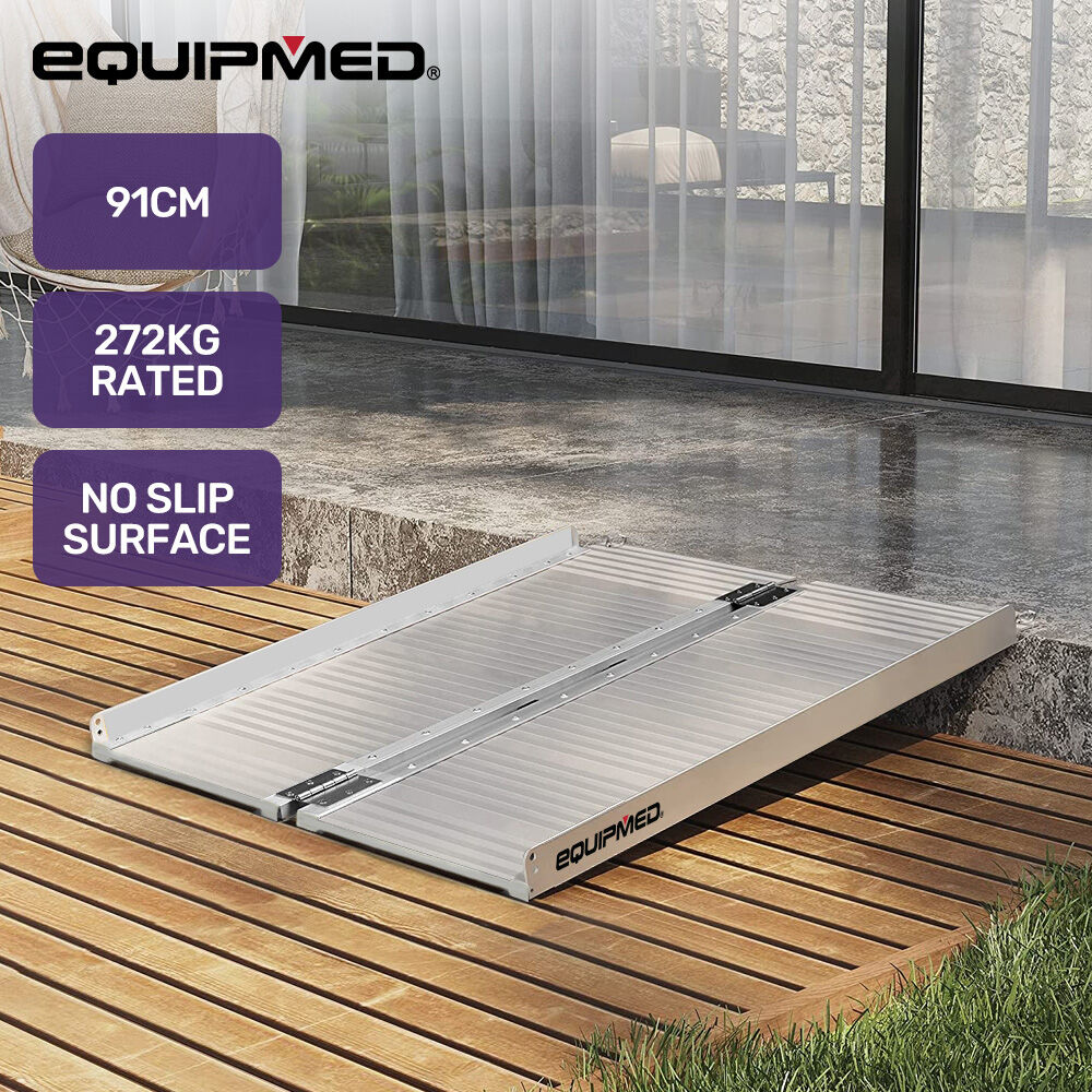 EQUIPMED 91cm portable folding aluminium access ramp for wheelchair, mobility scooter, and rollator with 272kg weight capacity.