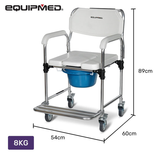 Equipmed Commode Shower Chair with wheels, white and blue aluminum frame, over toilet or bedside, supports up to 136kg.