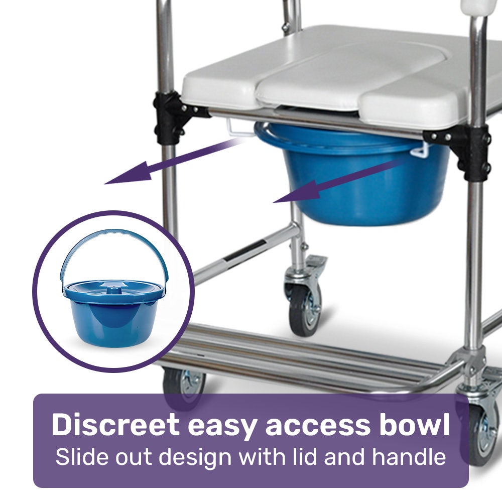 Equipmed Commode Shower Chair by Hlpmedical with aluminium frame, wheels, white and blue, designed for over toilet or bedside use.