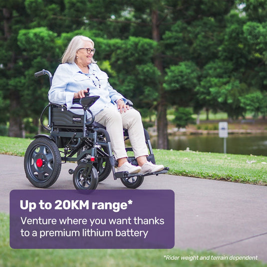 Equipmed electric folding wheelchair by Hlpmedical with wide bariatric seat, black and grey, lithium battery, suitable for S-XL users.