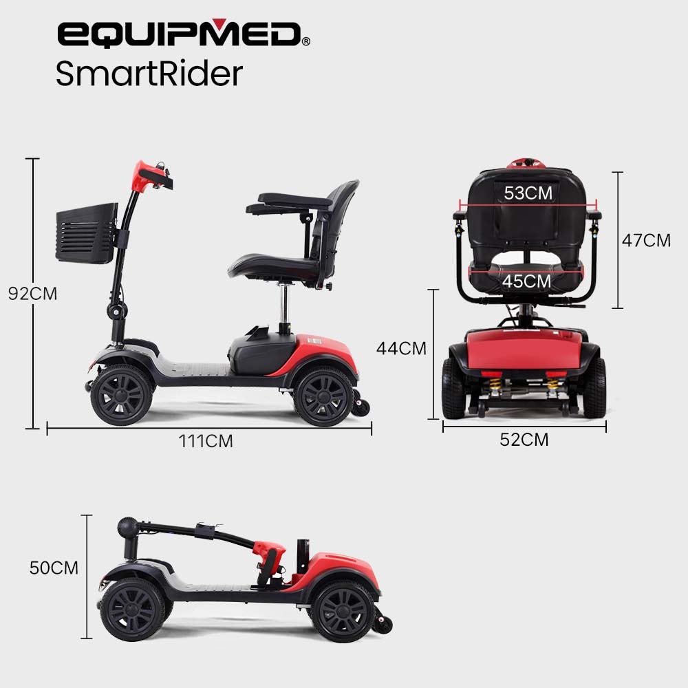Hlpmedical EQUIPMED Electric Mobility Scooter Portable Folding for elderly, black and red, with a compact design for easy transport.