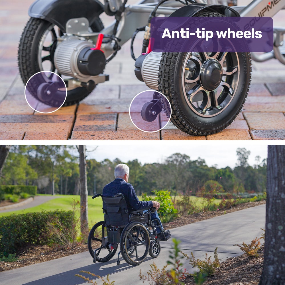 Hlpmedical EQUIPMED electric wheelchair in black with folding design, 24-inch rear wheels and lithium battery for long-range mobility