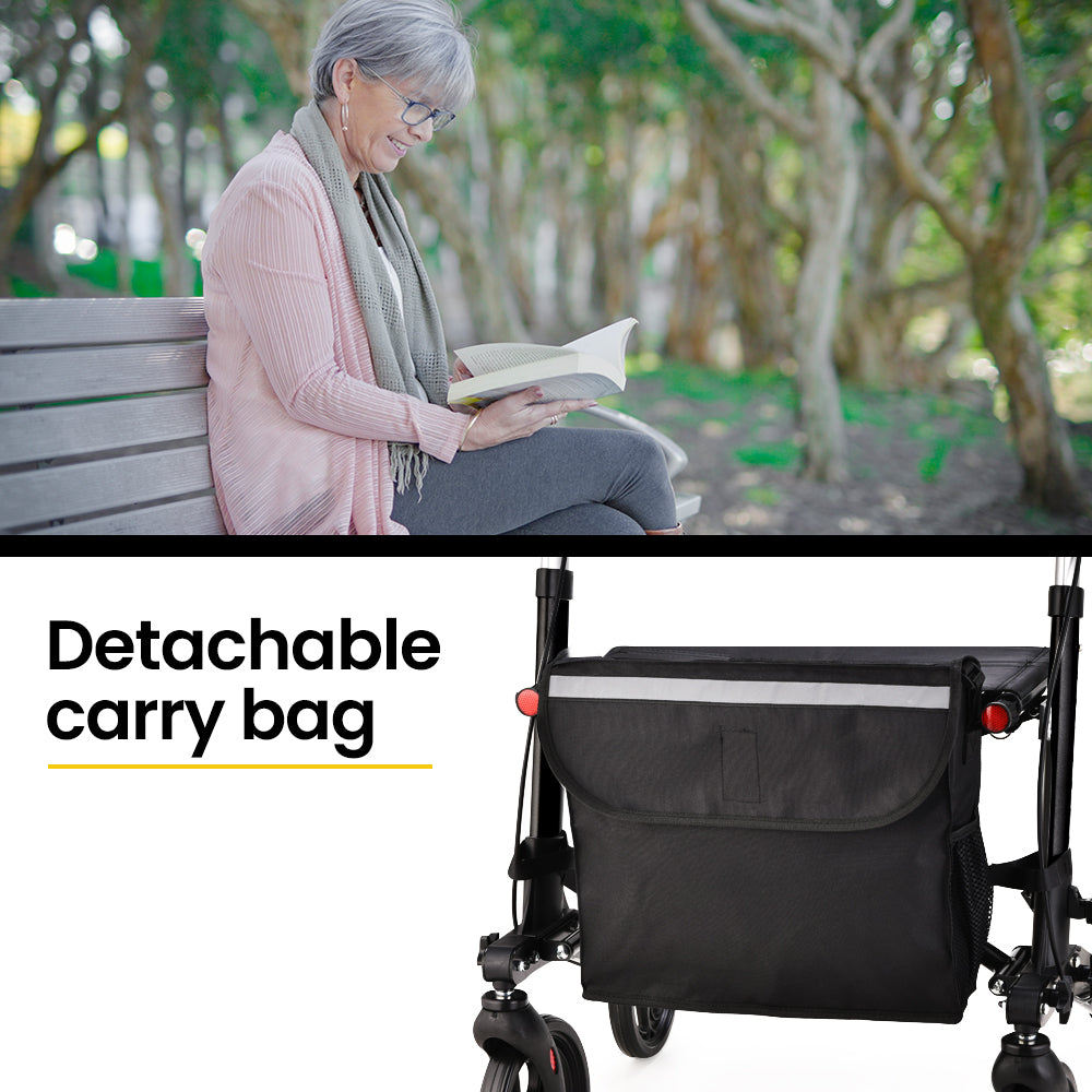 Silver EQUIPMED foldable aluminium walking frame rollator with bag and seat, designed for mobility and support.
