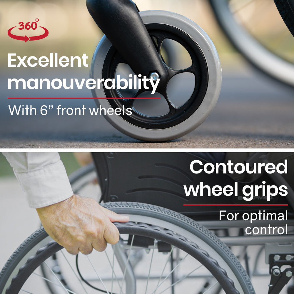 Hlpmedical EQUIPMED folding aluminium wheelchair with 20-inch wheels, grey and black, park brakes, and 100kg capacity.