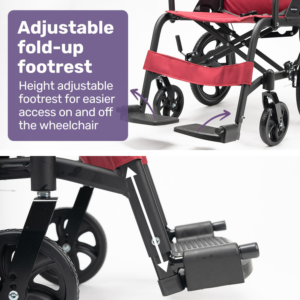 Equipmed lightweight aluminium folding transit wheelchair in crimson red, portable and easy to transport for mobility and accessibility.