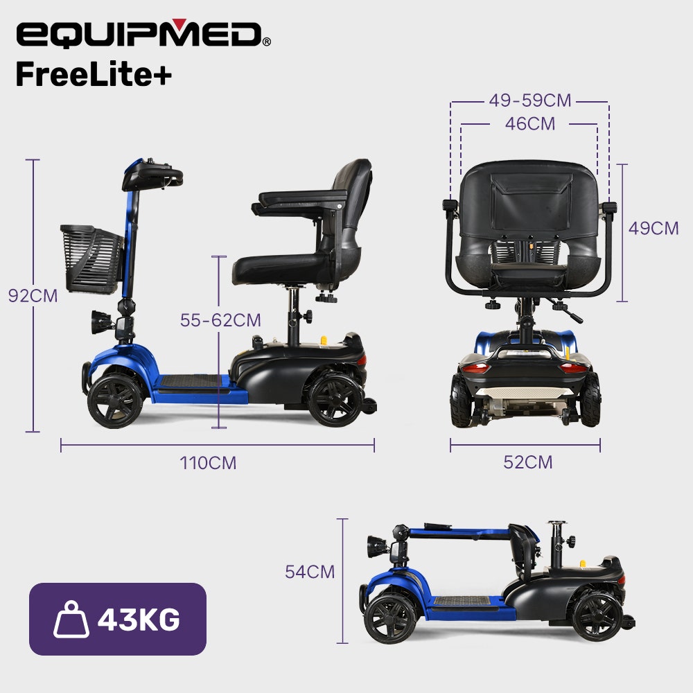 Hlpmedical EQUIPMED FreeLite+ mid-sized electric foldable mobility scooter with blue frame, lithium battery, long-range travel, and easy charging