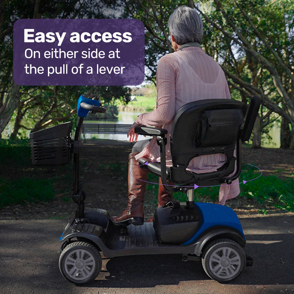 Blue EQUIPMED FreeRoam+ lithium mobility scooter with mid-sized design and fast, easy-charge battery for enhanced mobility and independence.