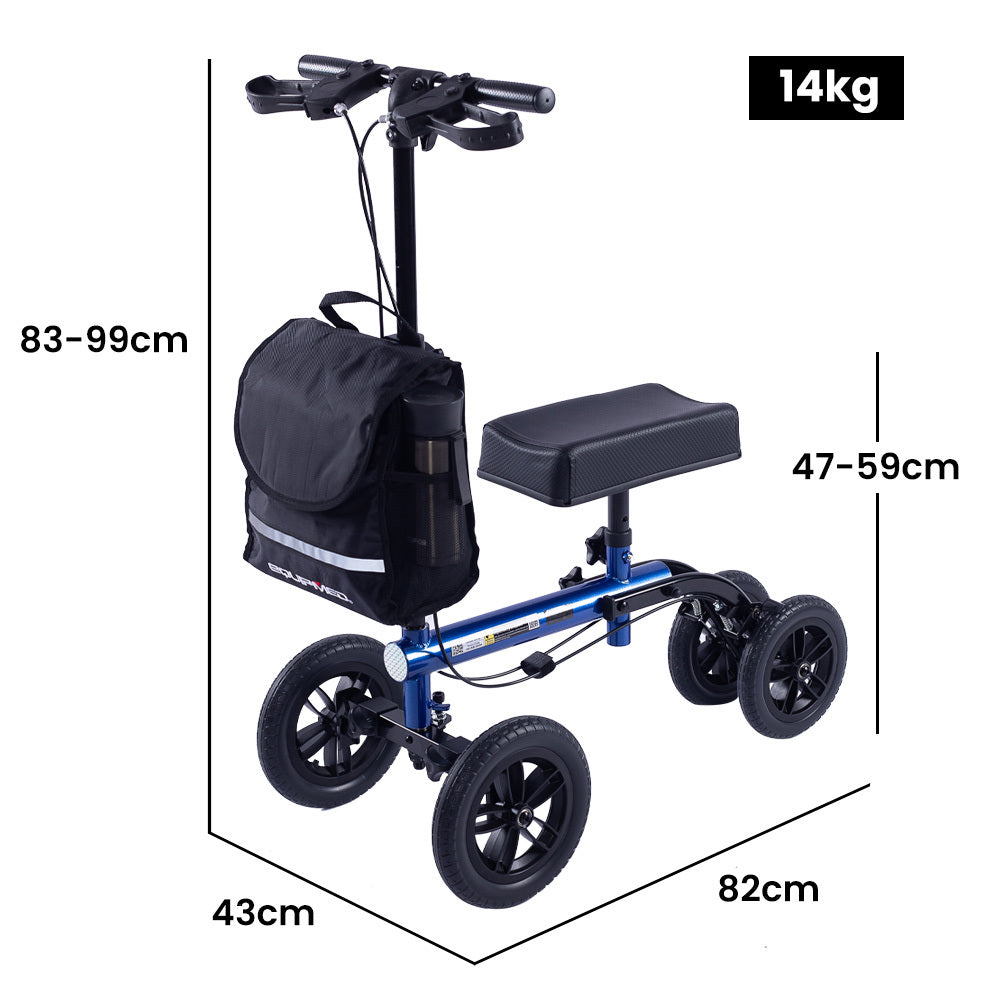 Blue EQUIPMED Knee Scooter Walker with 10-inch tires, dual brakes, and storage bag for broken leg, ankle, or foot mobility assistance.