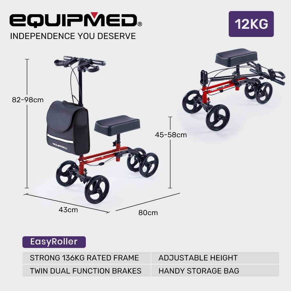 Red Equipmed knee scooter walker with dual brakes, carrying bag, designed for broken leg, ankle, and foot mobility support.