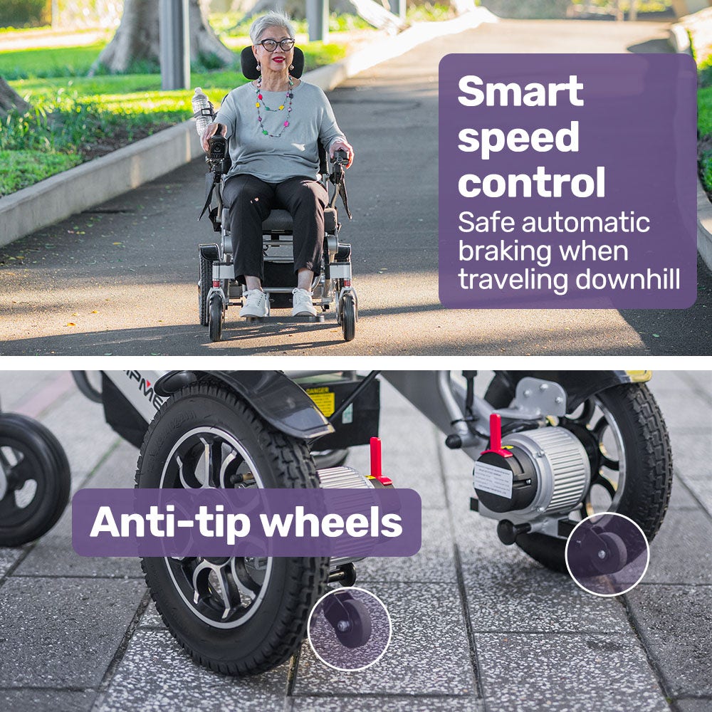 Hlpmedical EQUIPMED electric wheelchair with black and silver alloy frame, remote control, lithium battery, long-range, airline approved