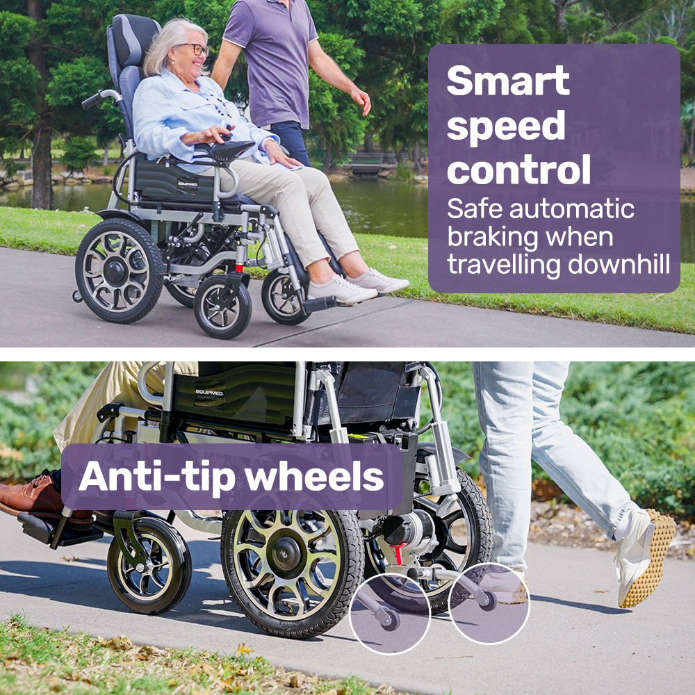 Hlpmedical EQUIPMED electric wheelchair with 16" rear wheels, headrest, auto recline, lithium battery, folding design in grey and black.