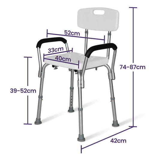 Hlpmedical EQUIPMED shower chair with arms, adjustable height, white bath seat, supports up to 120kg for elderly mobility aid.