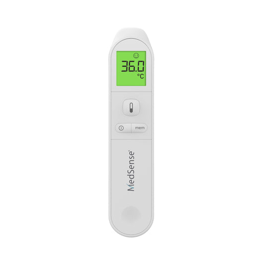 Hlpmedical MedSense Infrared Forehead Thermometer TF01 showing digital display and measurement probe for accurate temperature reading.