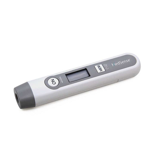 Hlpmedical MedSense Infrared Non-Contact Forehead Thermometer showing digital display and measurement sensor on a white background.