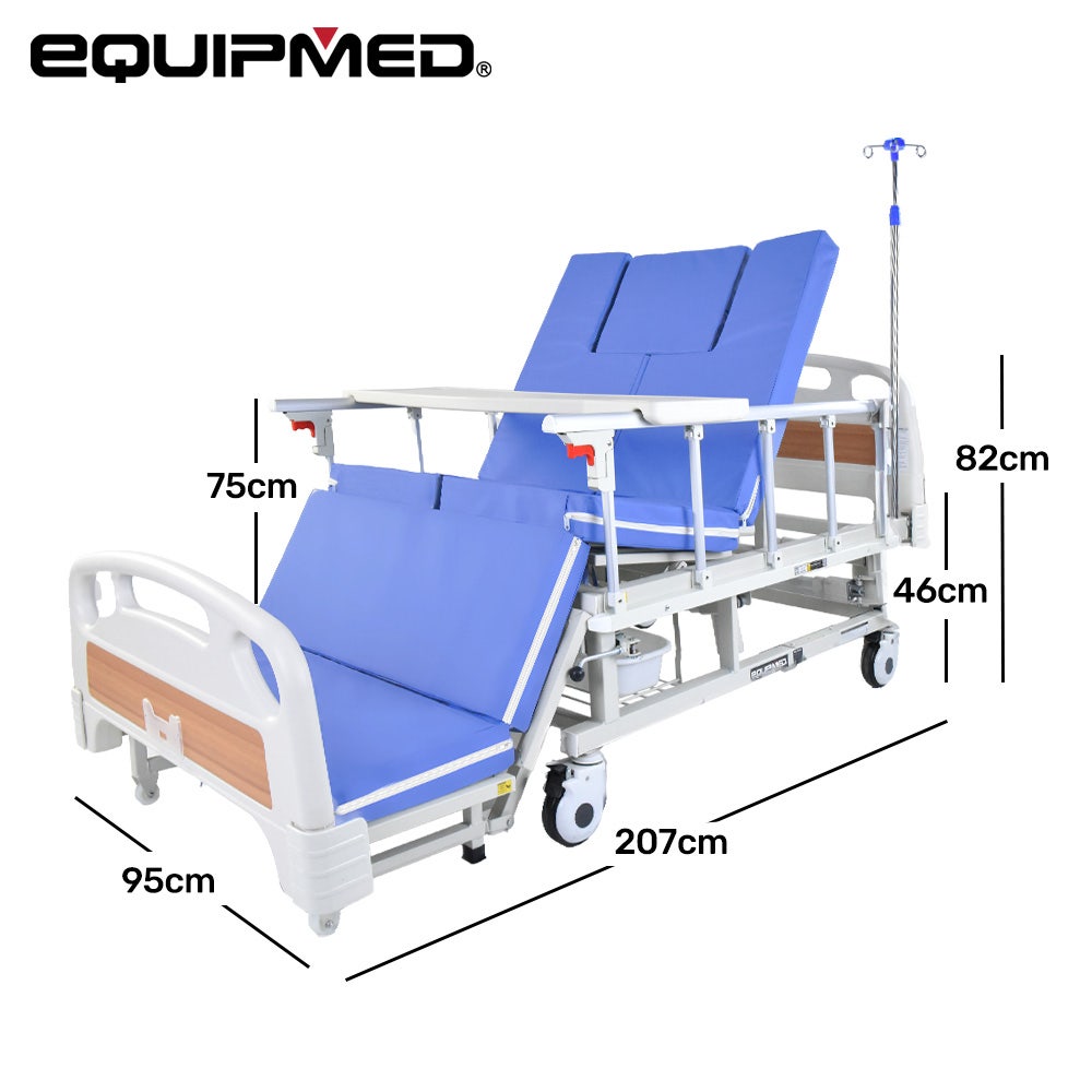 Hlpmedical EQUIPMED 7-function medical bed with mattress, over-bed table, adjustable back and leg lifts, lateral tilt, commode, IV pole.