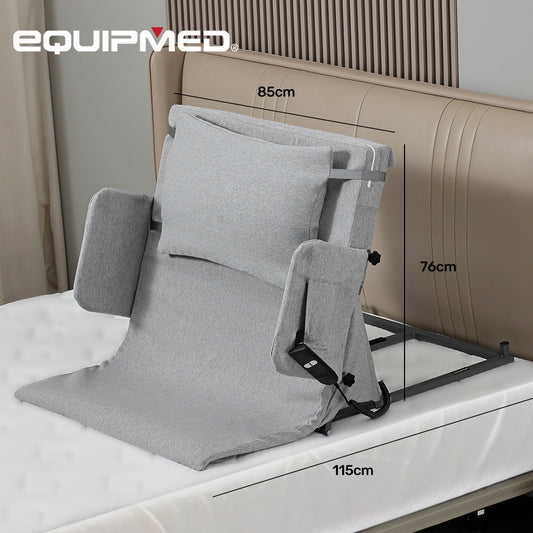Equipmed electric adjustable bed backrest by Hlpmedical, grey sleep aid with remote control, German-engineered power lifting support