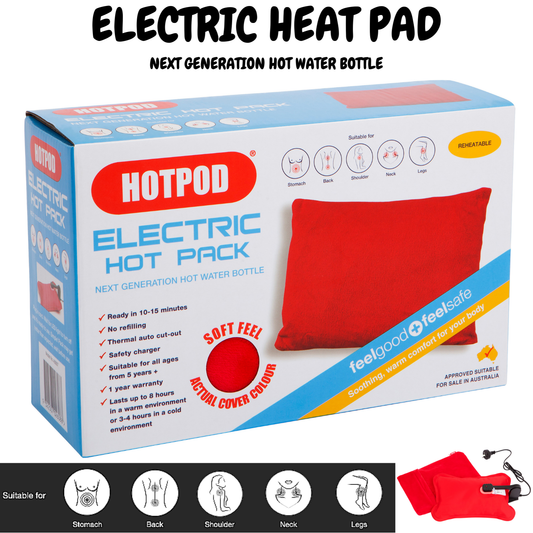 HOTPOD electric hot pack water bottle pillow pad for sleep aid, safety approved, by Hlpmedical, designed for warmth and comfort.