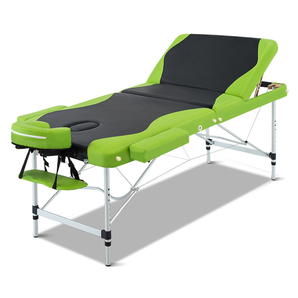 Green Zenses Massage Table by Hlpmedical, 75cm portable 3-fold aluminum beauty bed for relaxation and massage therapy.