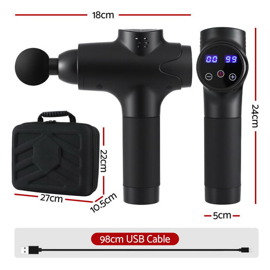 Everfit massage gun by Hlpmedical with 30 speeds, 8 interchangeable heads, black vibration muscle massager in close-up.