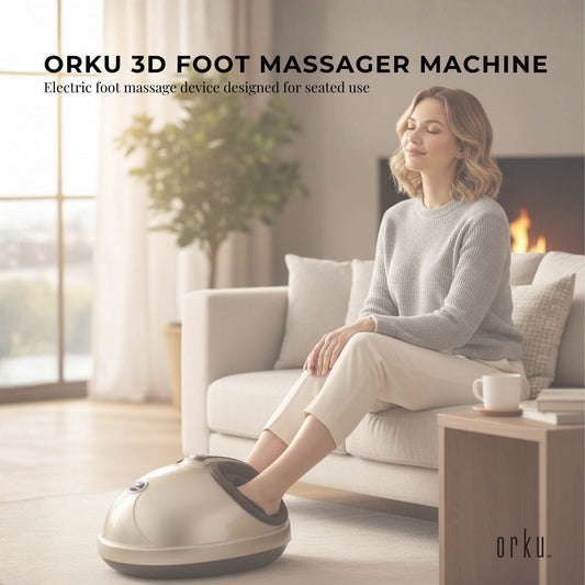 Hlpmedical Orku 3D Foot Massager Machine with gold finish, showing kneading, heat, and air compression features for relaxation.