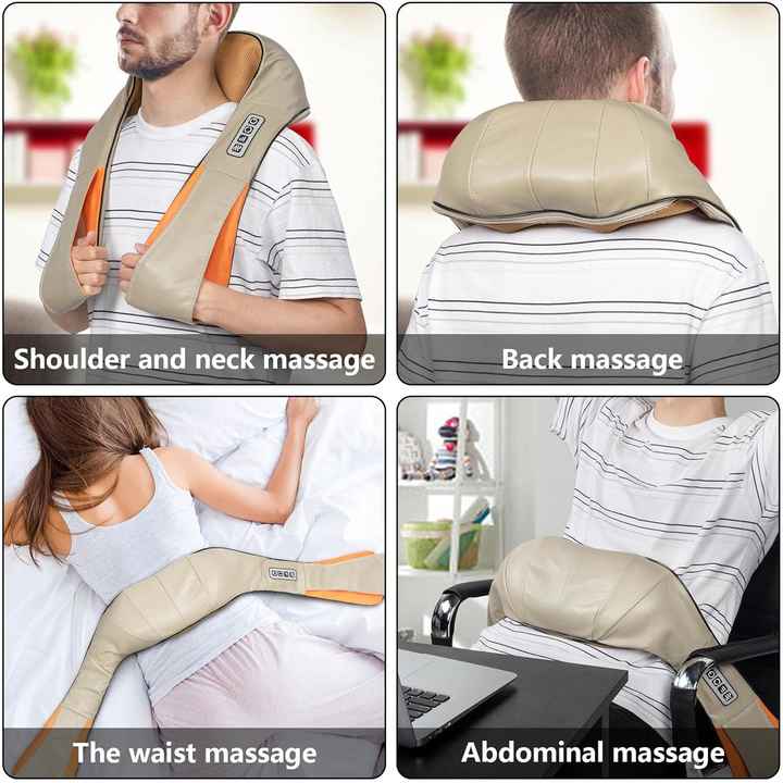Hlpmedical portable kneading neck and shoulder massager with heat, beige color, four-button control, designed for relaxation.