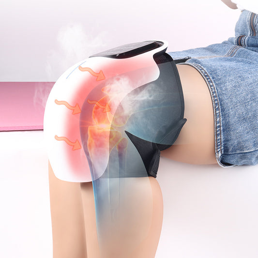 Hlpmedical wireless knee massager with heat therapy and vibration for pain relief and relaxation, shown on a person's knee.