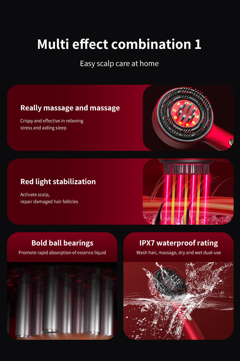 Gray multi-function massage comb by Hlpmedical with red light, 3 modes, rechargeable battery, for relaxation and skin care.