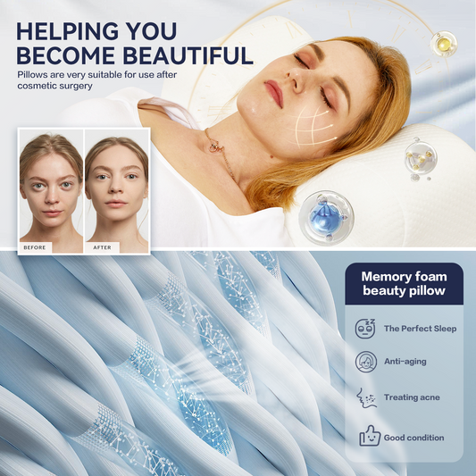 Memory foam beauty sleep pillow by Hlpmedical, designed for neck and shoulder pain relief, with ergonomic contour and soft cover.