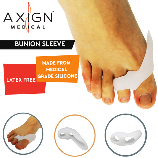 Pair of Axign Medical bunion sleeves for pain relief and toe alignment, designed for foot care and bunion support.