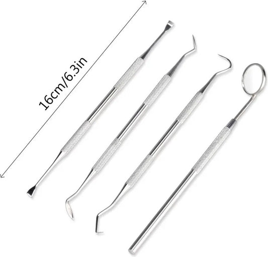 Hlpmedical 4-piece stainless steel dental care tool set with dental hooks for plaque and debris removal, personal oral hygiene.