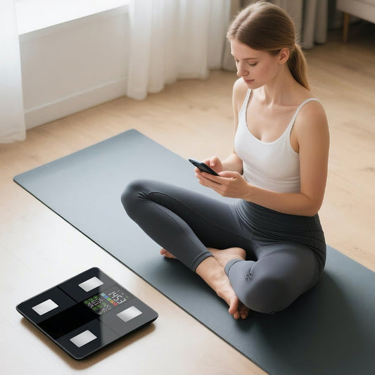 Hlpmedical HALO Bluetooth smart display body scale showing digital reading on a modern bathroom scale.