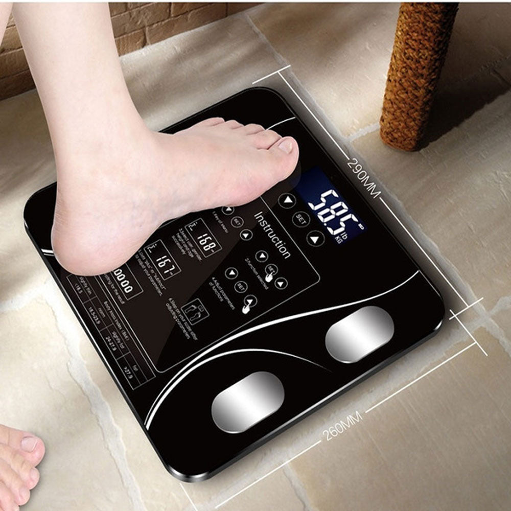 Hlpmedical LCD bathroom scale displaying body weight, body fat, BMI, and BMR readings for home fitness and health monitoring.