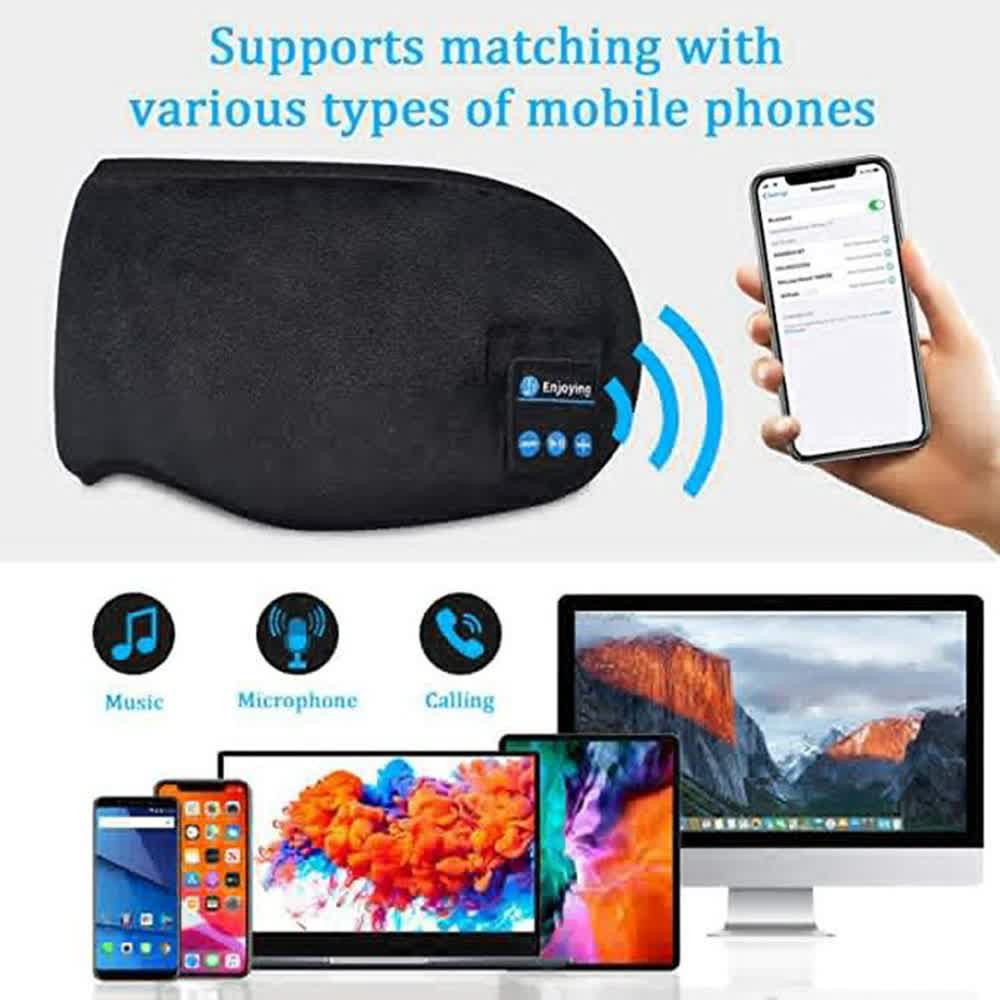 Grey Bluetooth 5.0 wireless sleep eye mask with plush cover and built-in speakers, designed for outdoor camping and relaxation.