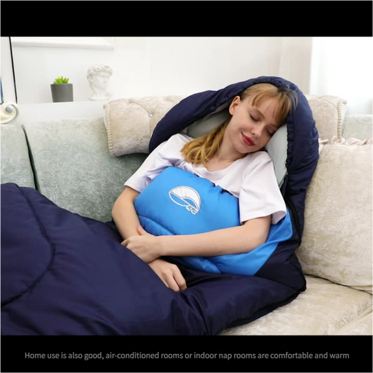 Lightweight adult camping sleeping bag by Hlpmedical with accessories, eye mask, earbuds, and square pillow for outdoor adventures.