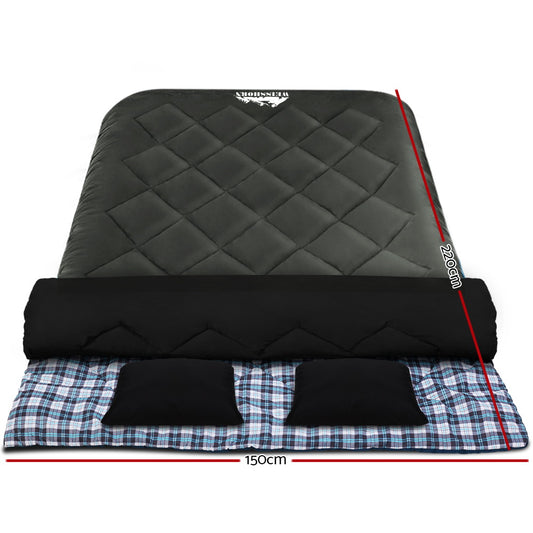 Grey Weisshorn double sleeping bag with built-in pillows, ideal for camping and hiking in cold weather down to -10°C.