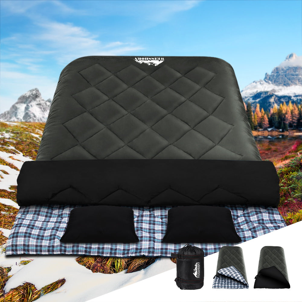 Grey Weisshorn double sleeping bag with built-in pillows, ideal for camping and hiking in cold weather, rated for -10°C.
