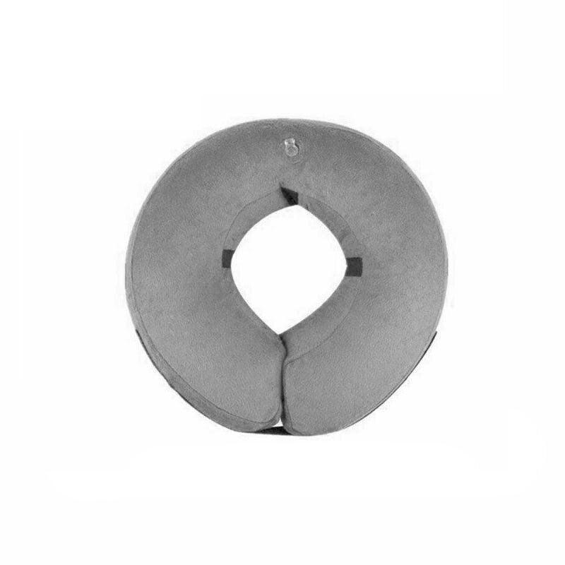 Grey inflatable soft healing collar for dogs and cats, protective cone with adjustable straps, suitable for wound care, size 40x40cm.