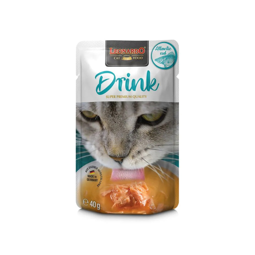 Cans of Hlpmedical Leonardo Atlantic Cod Wet Cat Food, 40g x 20 packs, featuring images of fish and cat food labels.