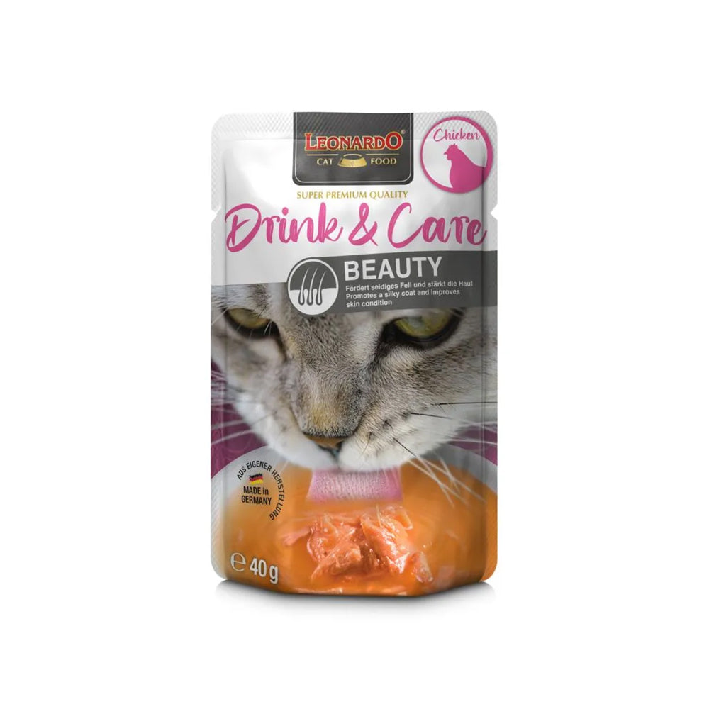 Hlpmedical Leonardo Drink & Care Beauty Chicken wet cat food 40g pack, premium pet food for cats in a colorful packaging