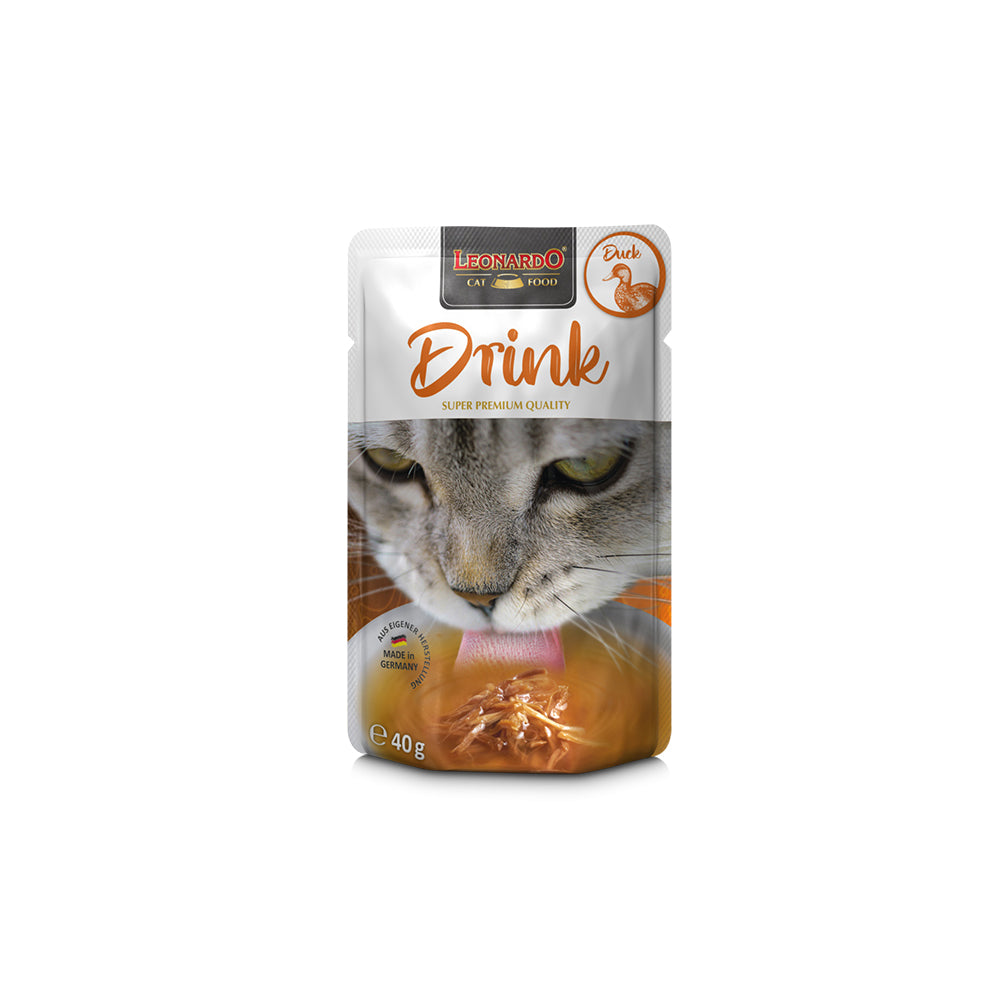 Hlpmedical Leonardo Duck Wet Cat Food 40g, pack of 20, showing cans with images of duck flavor for cats.