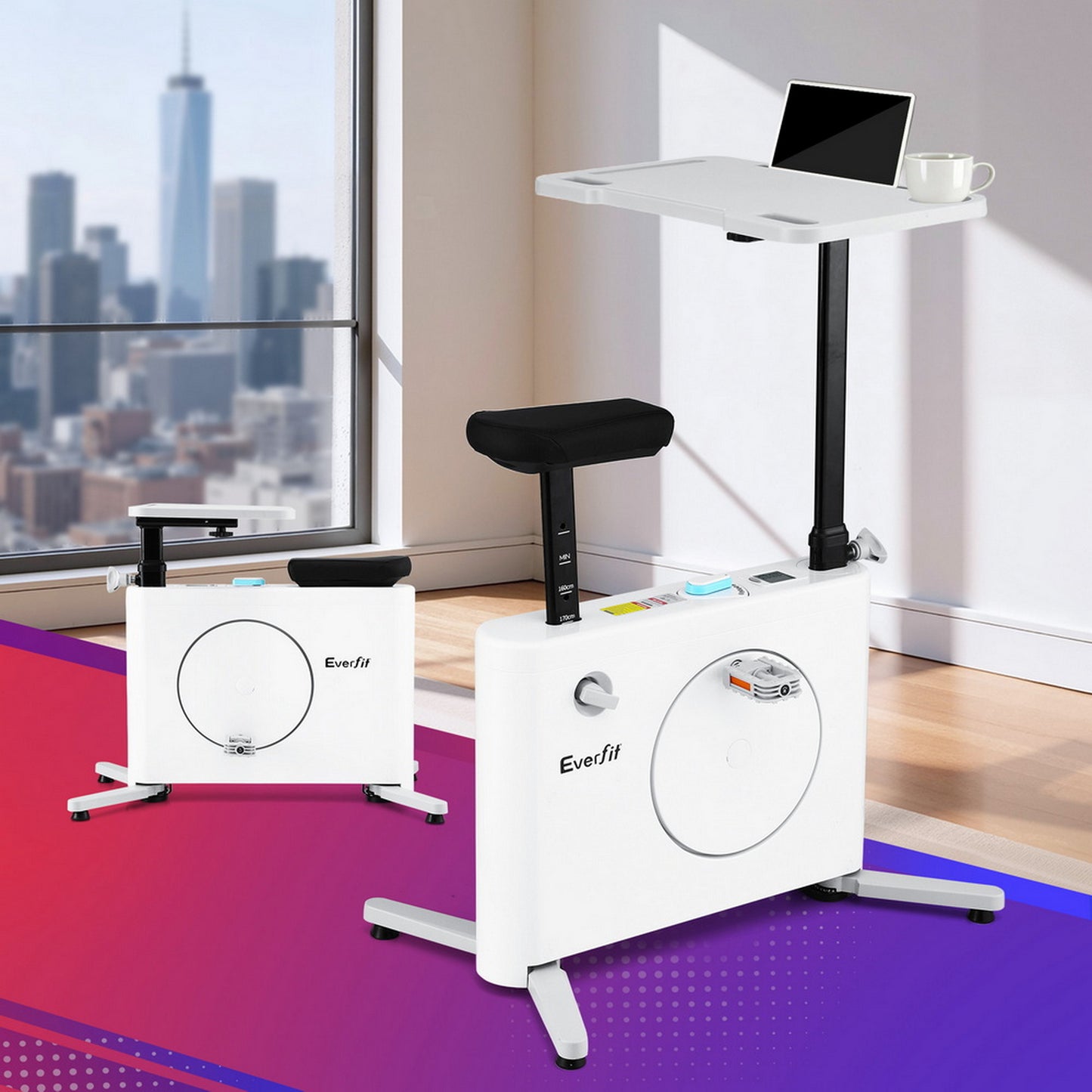 Hlpmedical Everfit Magnetic Desk Exercise Bike with tabletop for home fitness and workout, featuring adjustable seat and digital display.