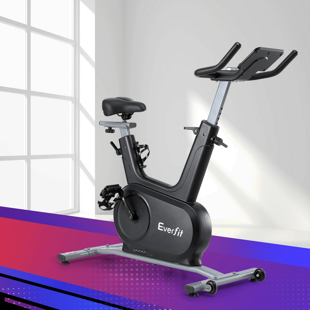 Everfit spin exercise bike by Hlpmedical with electromagnetic resistance, Bluetooth, 24 levels, and a 120kg weight capacity for home fitness.