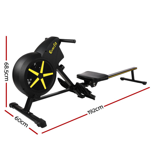 Hlpmedical Everfit Air Rowing Machine for home cardio workout, featuring adjustable resistance and digital display for full-body exercise.